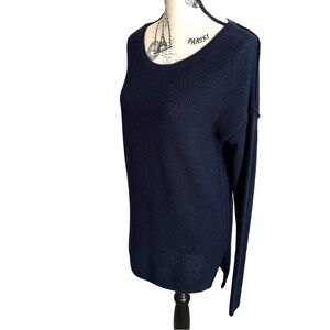 Vince Navy Blue, High-Low Knit Tunic Top, Navy Blue Crew Neck Sweater, Small S